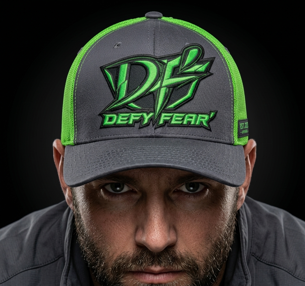 Defy Fear' Co gray and green trucker hat with embroidered DF logo